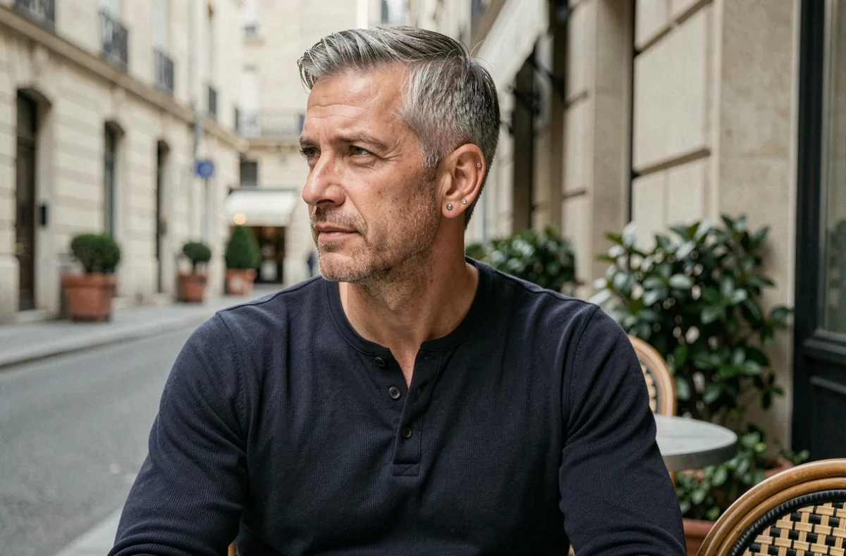 Homme mature avec un piercing hélix en titane assis en terrasse de café parisien
