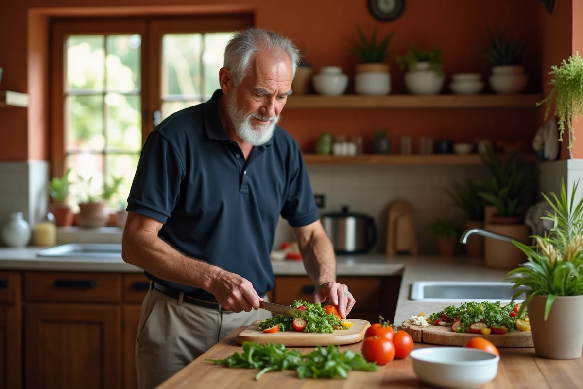 Homme senior actif préparant une salade saine dans sa cuisine, illustrant le bien-être et la vitalité à la retraite