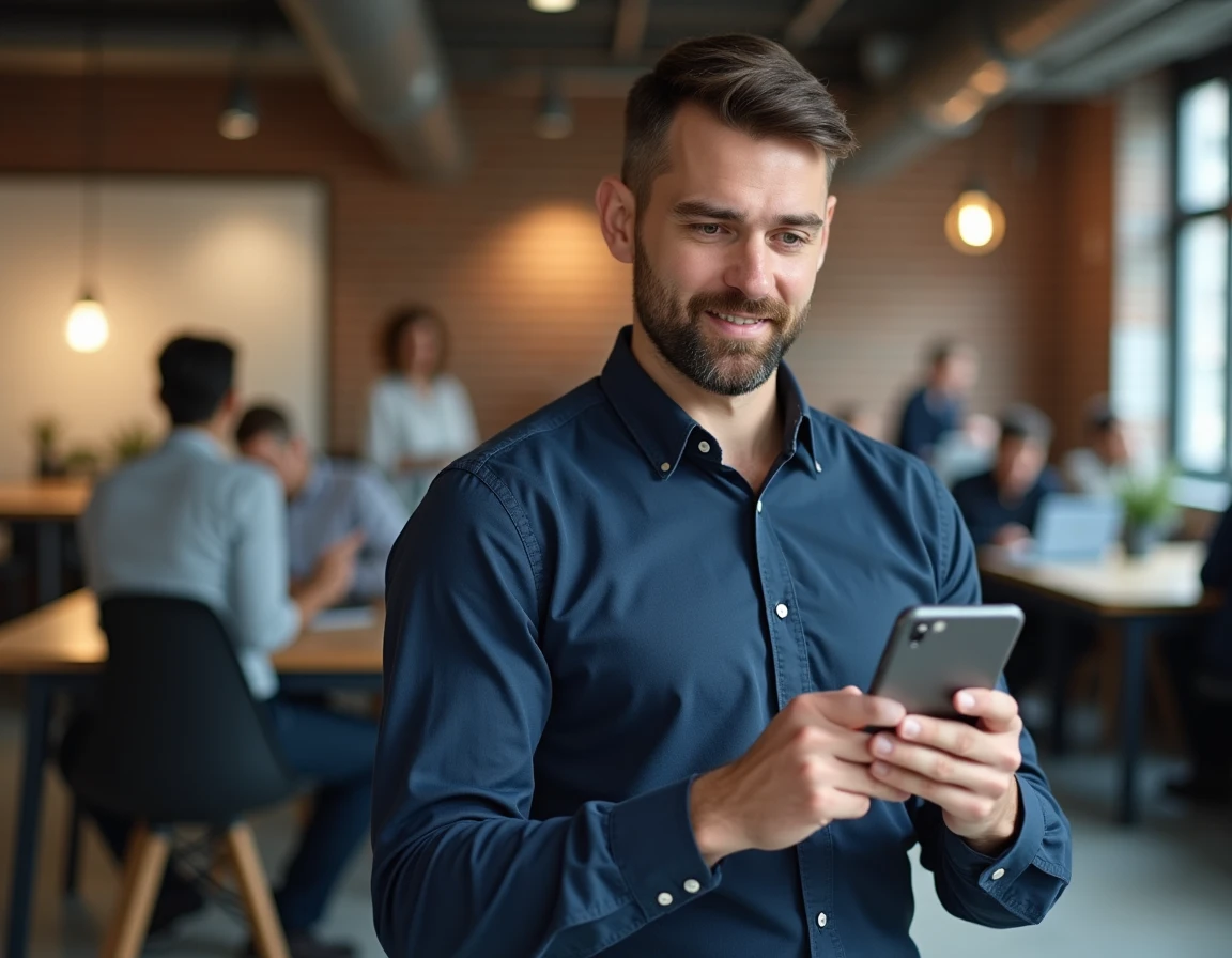 Homme en espace de coworking regardant une vidéo sur smartphone, illustrant l'essor des nouvelles plateformes vidéo