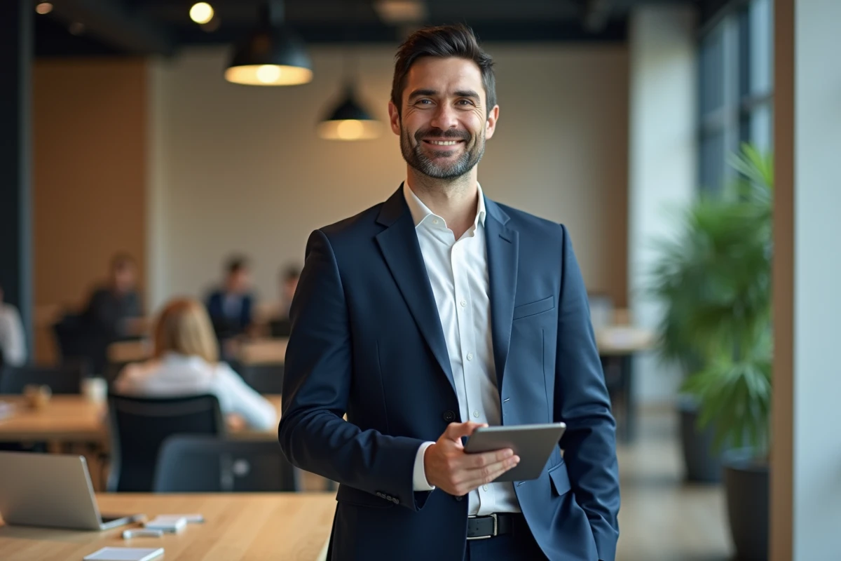Homme en costume dans un espace de coworking moderne