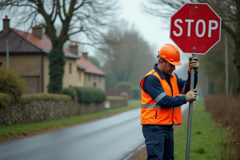 Agent municipal installant un panneau stop réglementaire sur une route de village en France