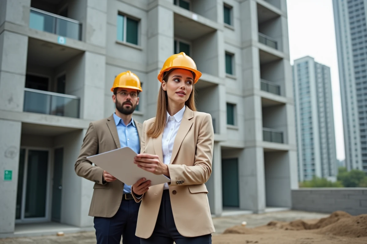 Consultante immobilière sur un chantier de construction présentant un projet d'investissement résidentiel à un client