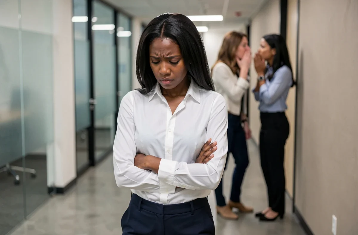 Jeune femme isolée et stressée dans un couloir d'entreprise, victime de comportements irrespectueux de la part de ses collègues qui chuchotent dans son dos
