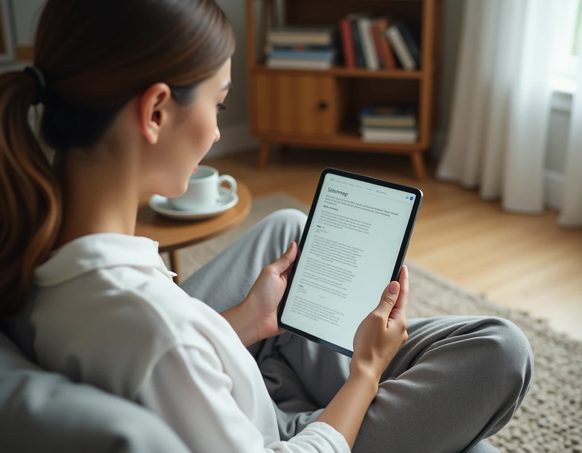 Jeune femme explorant le sitemap d'un site d'actualités sur une tablette depuis son salon