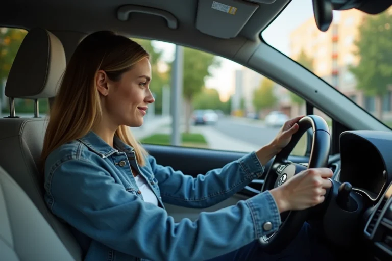 Jeune femme au volant d'une voiture urbaine moderne