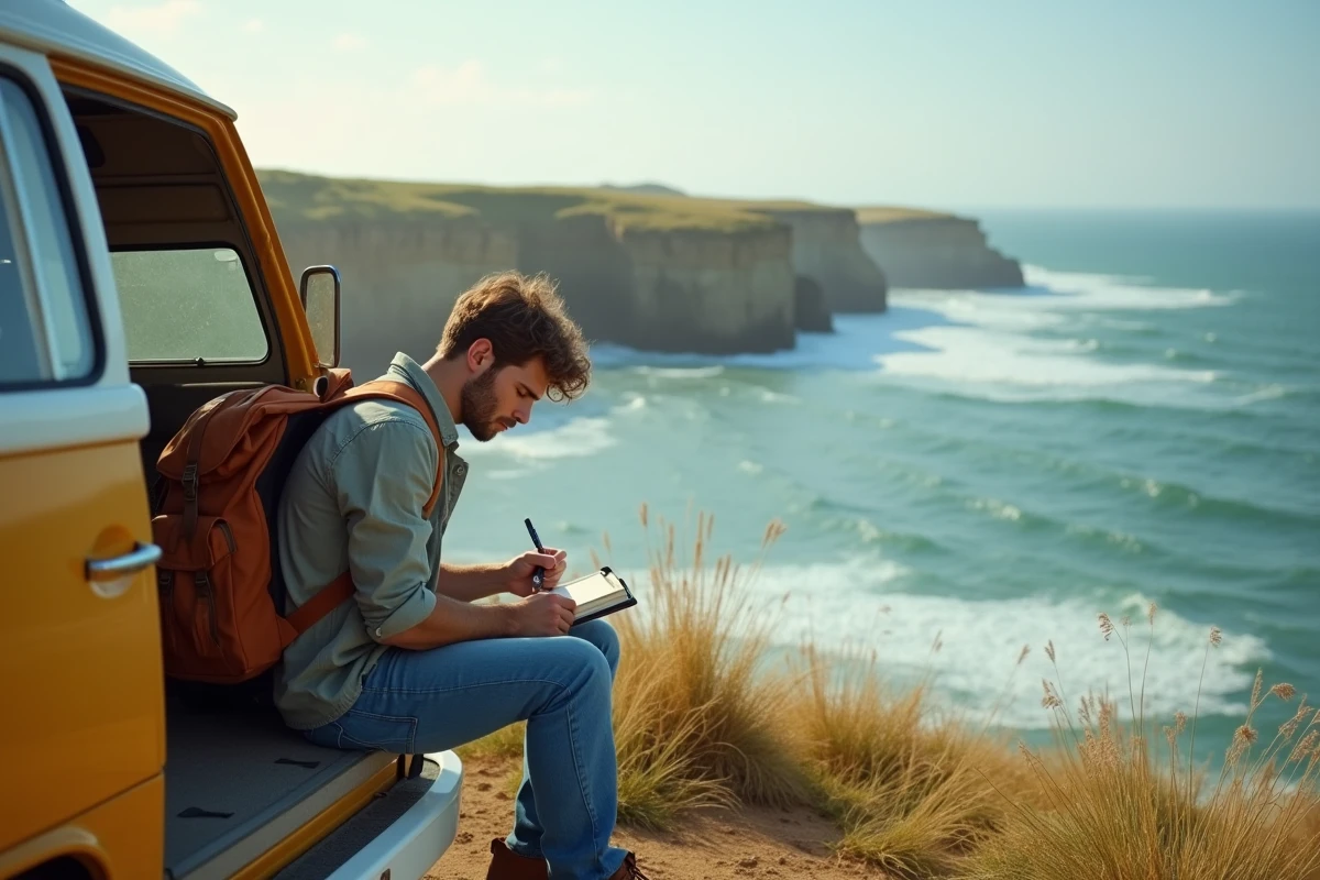 Jeune homme écrivant dans un journal sur une falaise côtière