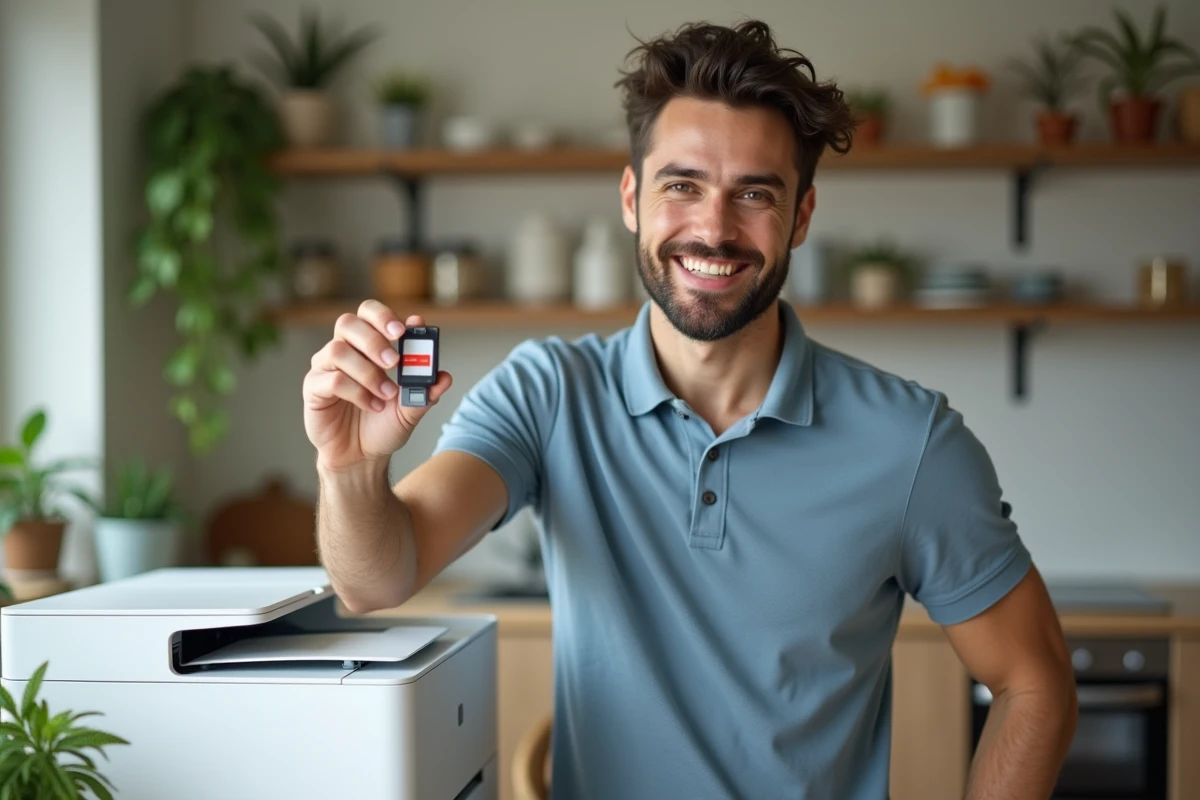 Jeune homme souriant tenant une cartouche d