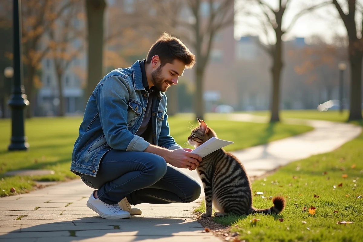 Jeune homme avec son chat dans un parc urbain ensoleille