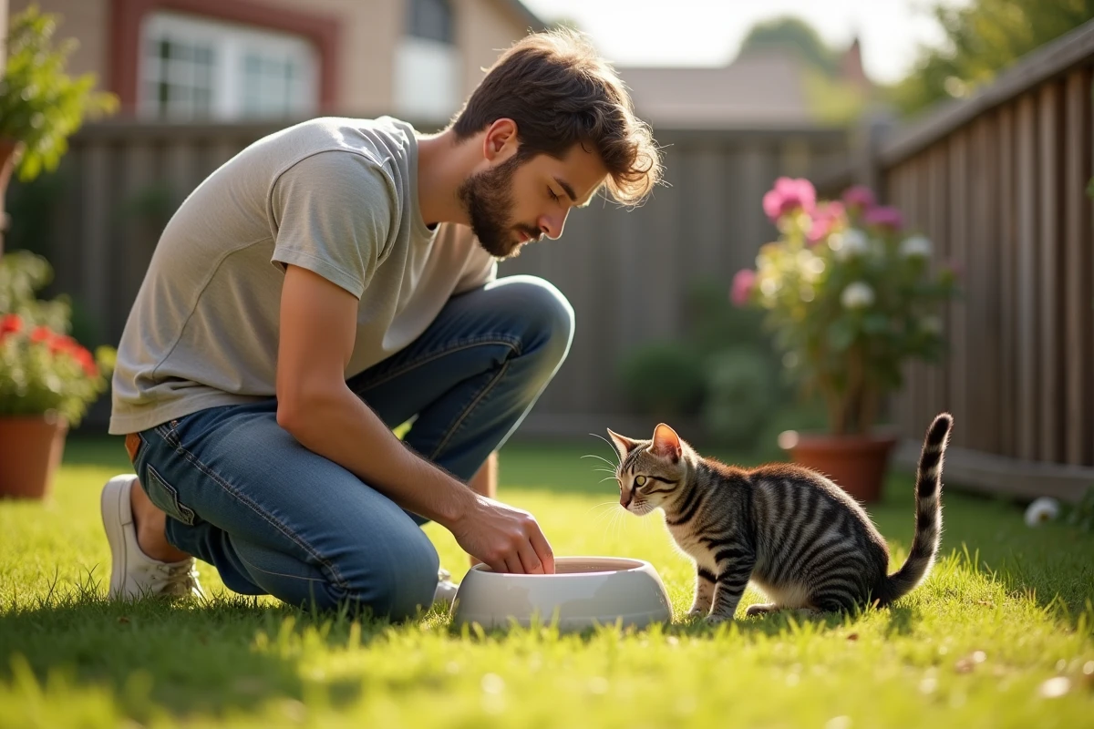 Jeune homme donnant à manger à son chat dans le jardin