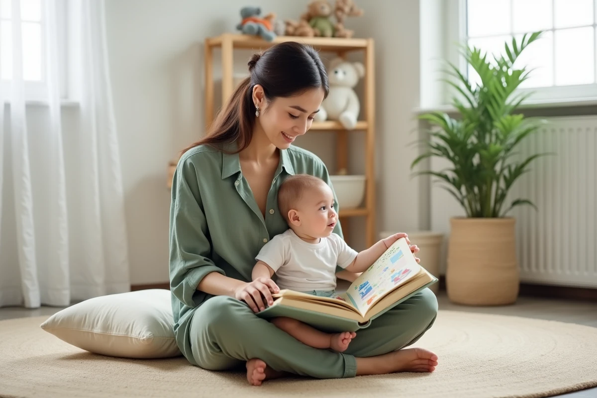 Maman lisant un livre illustré à son bébé de 8 mois dans une chambre d'enfant lumineuse, activité d'éveil et de stimulation cognitive