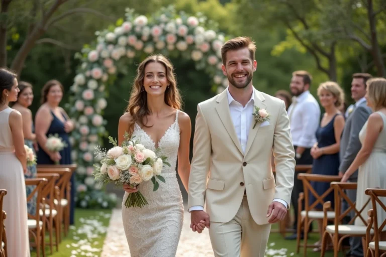 Mariage en plein air avec un couple heureux dans un jardin
