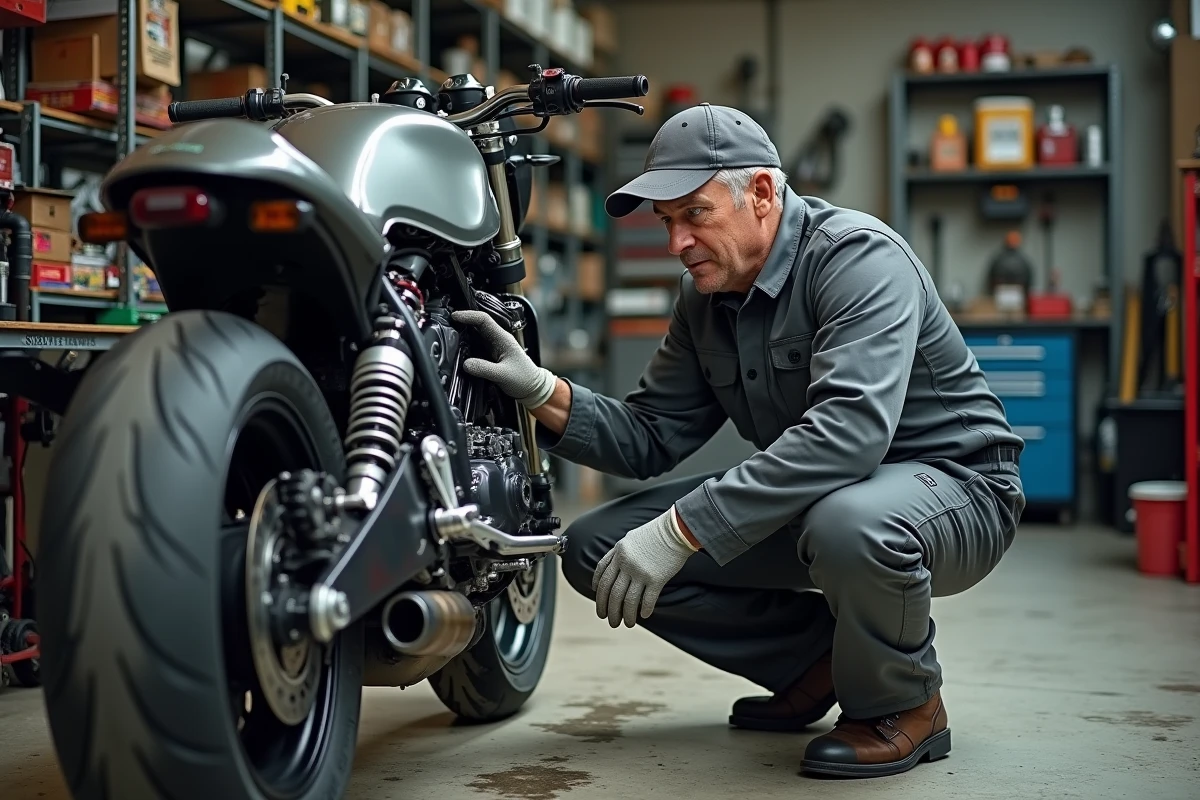 Mécanicien en combinaison grise inspectant le moteur d'une moto de sport démontée dans un atelier
