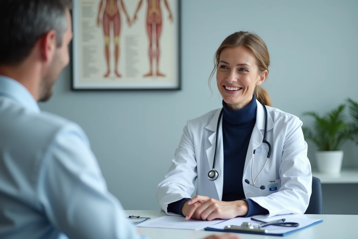 Médecin femme expliquant les changements hormonaux et la prise de poids liée à l'âge dans un cabinet médical