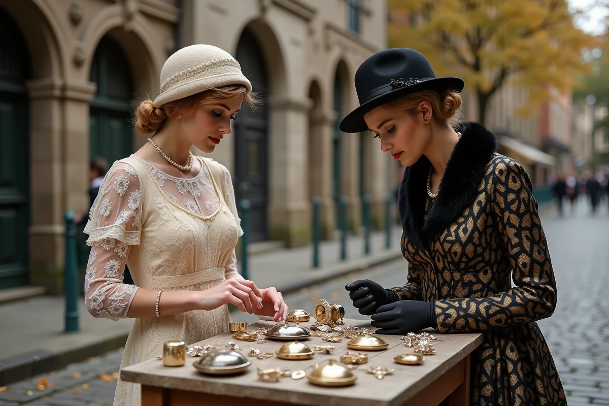 Deux femmes en tenues de mode des années 1920 à un marché vintage en plein air