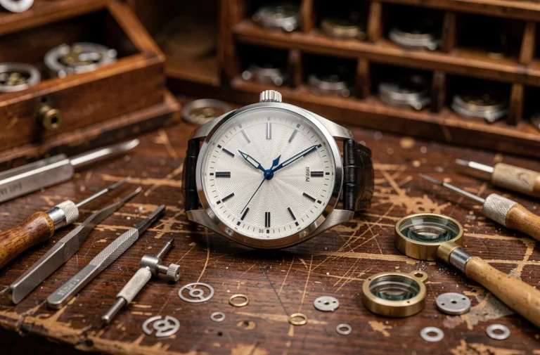 Montre de luxe suisse posée sur un établi d'horloger en chêne sombre entouré d'outils de précision