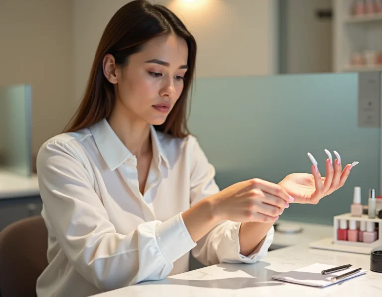 Femme examinant ses ongles en porcelaine dans un salon de manucure professionnel, illustrant les précautions à prendre lors de la pose d'ongles artificiels