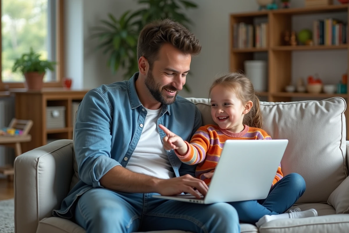 Père et fille jouant avec un ordinateur dans le salon