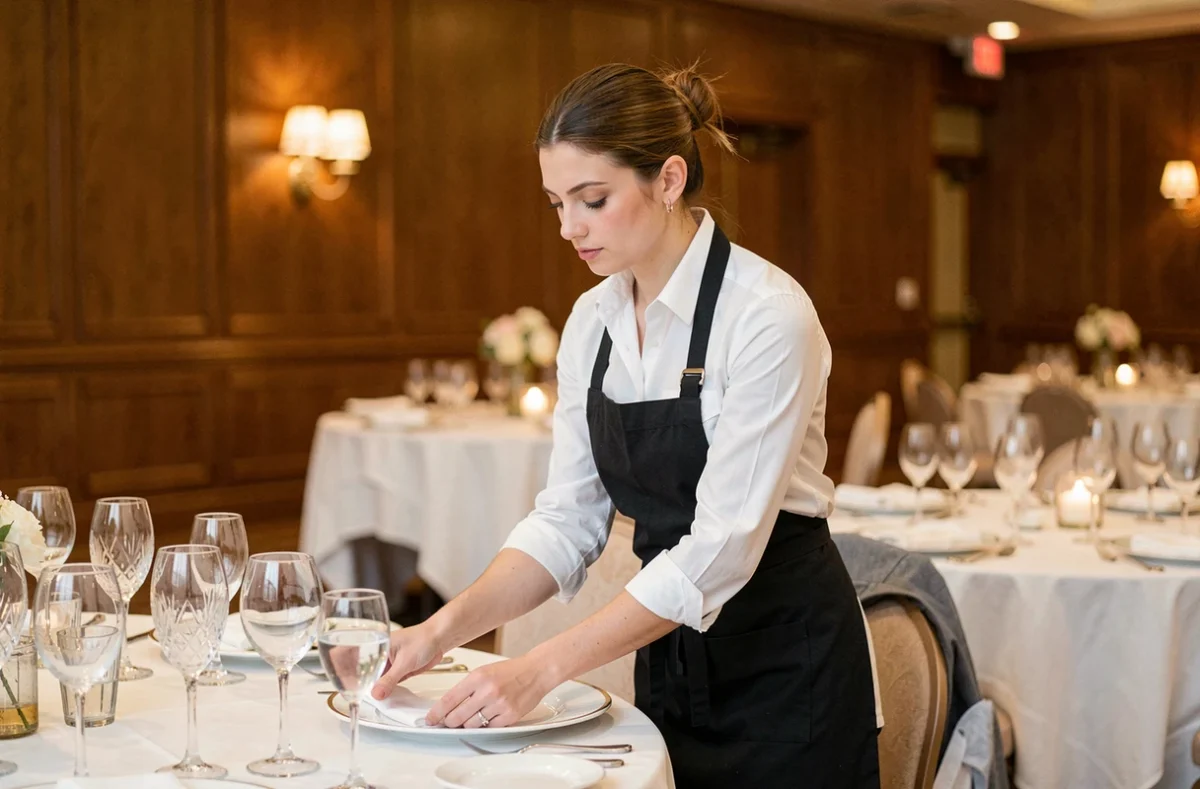 Personnel extra professionnel en hôtellerie dressant une table de banquet dans un hôtel de luxe