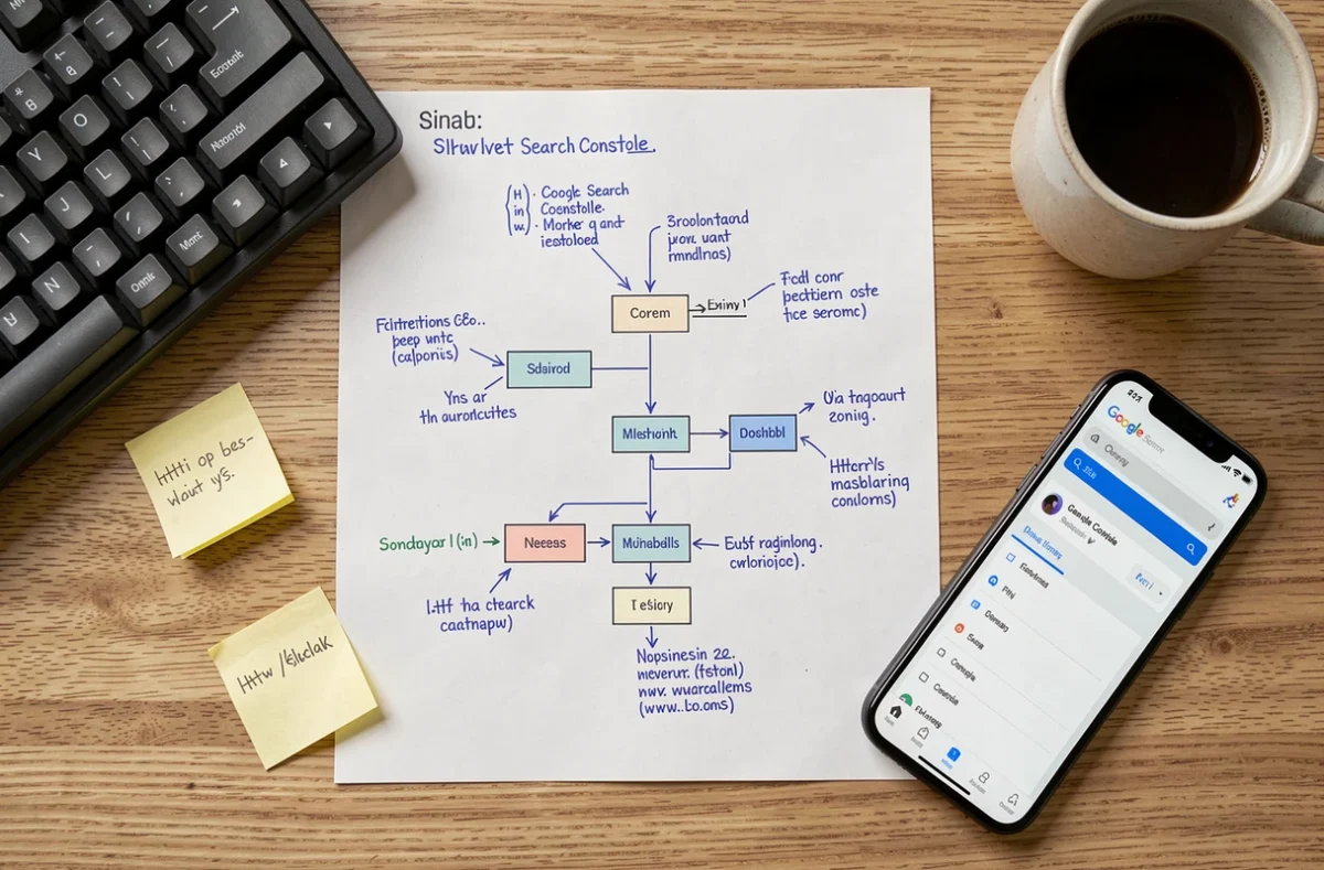 Vue aérienne d'un plan de sitemap imprimé et annoté sur un bureau avec smartphone et clavier, pour l'optimisation SEO