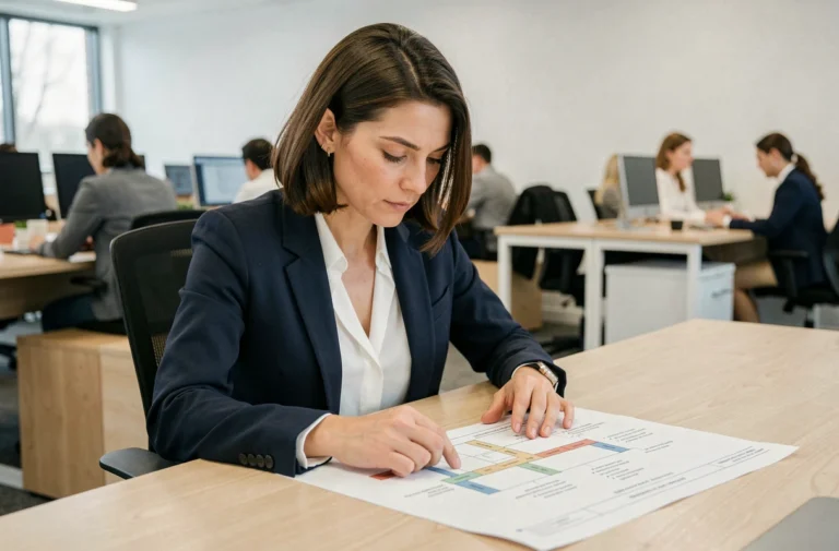 Professionnelle en blazer marine analysant un plan de sitemap imprimé sur un bureau en open space moderne