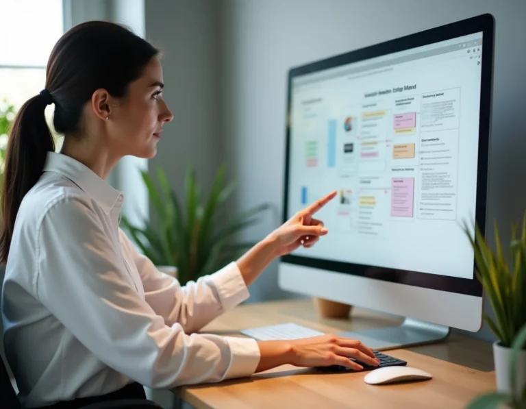 Professionnelle en marketing digital analysant la structure d'un sitemap sur un écran d'ordinateur dans un bureau moderne