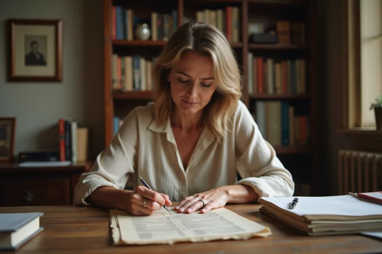 Femme consultant un acte de mariage dans un registre d'état civil français pour retrouver une date de mariage