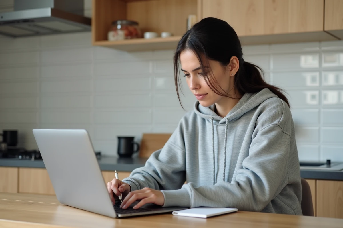 Jeune femme recherchant la date de mariage d'une personne en ligne sur un site officiel français depuis son appartement