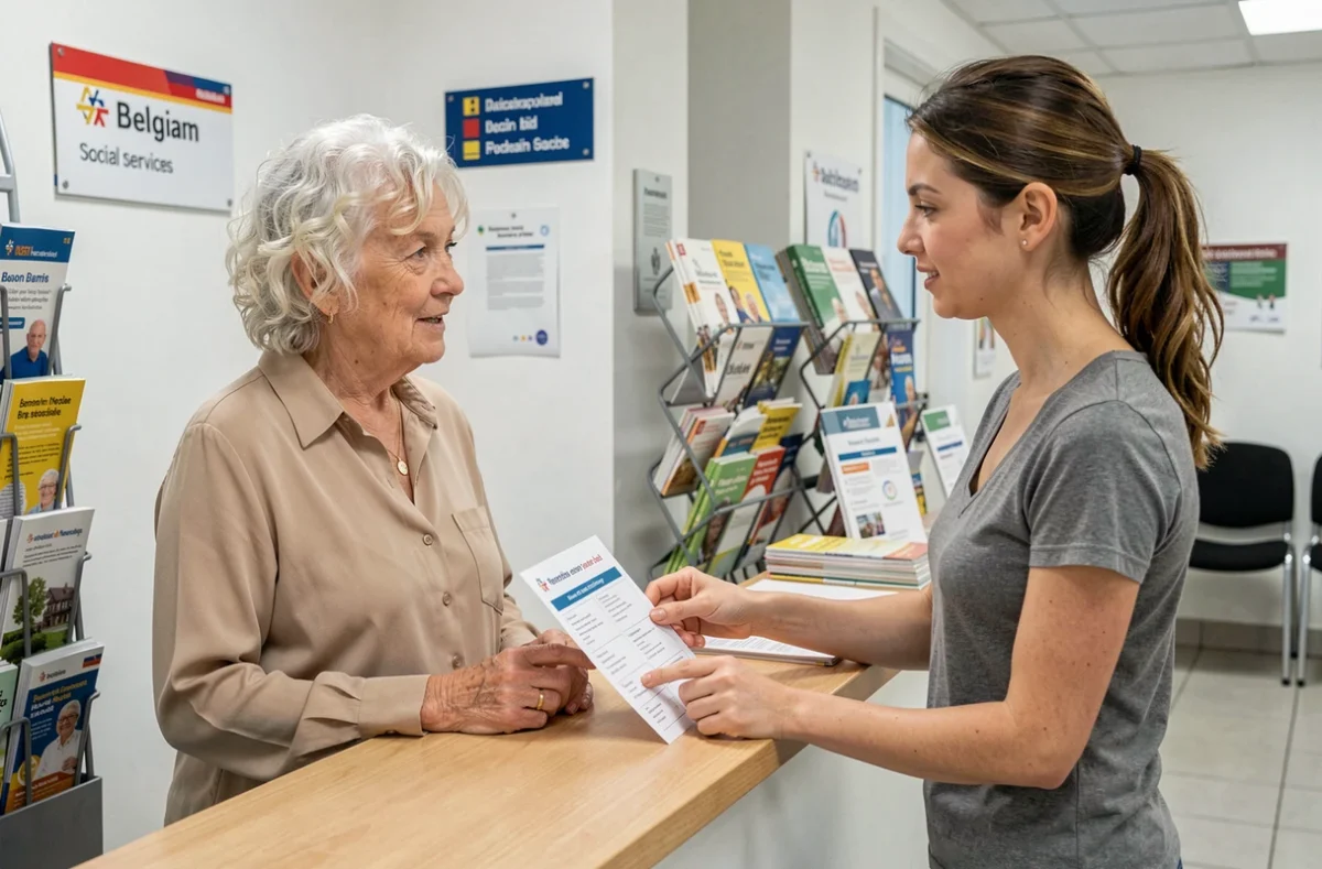 Une senior belge en discussion avec une assistante sociale dans un bureau d'aide aux aînés pour obtenir des contacts fiables