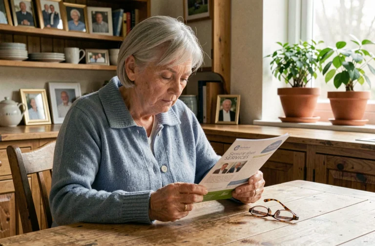 Femme senior lisant une brochure d'informations sur les services aux aînés en Belgique dans une cuisine chaleureuse