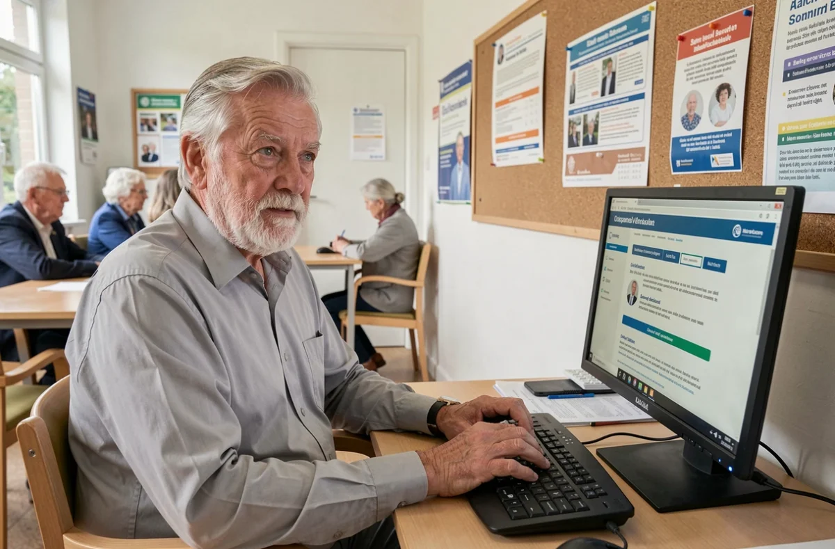 Senior belge utilisant un ordinateur dans un centre communautaire pour trouver des informations et contacts fiables