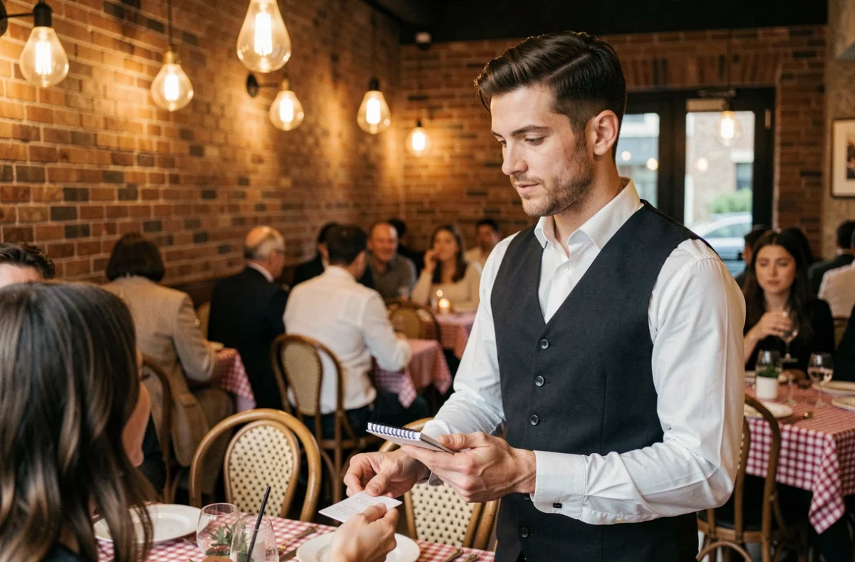 Serveur extra prenant la commande de clients dans un restaurant brasserie animé