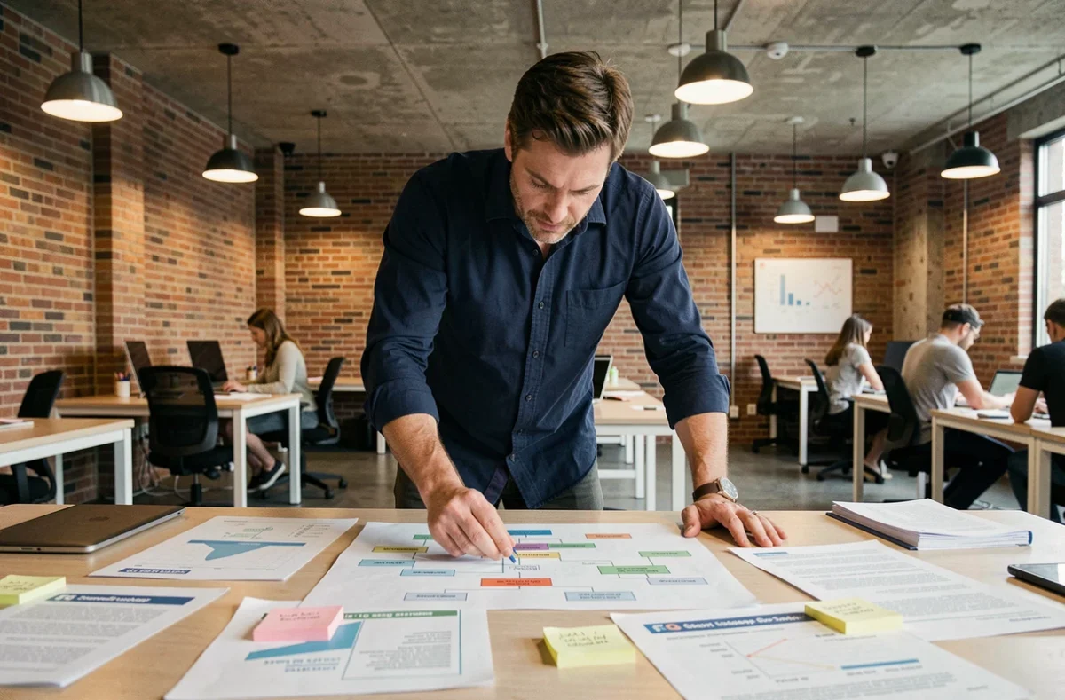 Spécialiste SEO debout dans un espace de coworking examinant une carte sitemap imprimée pour optimiser une stratégie marketing
